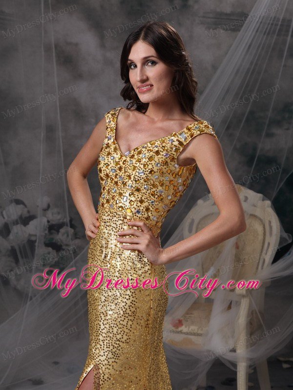 Discount V-neck Gold Celebrity Dress with Sequin Beading and Ruche