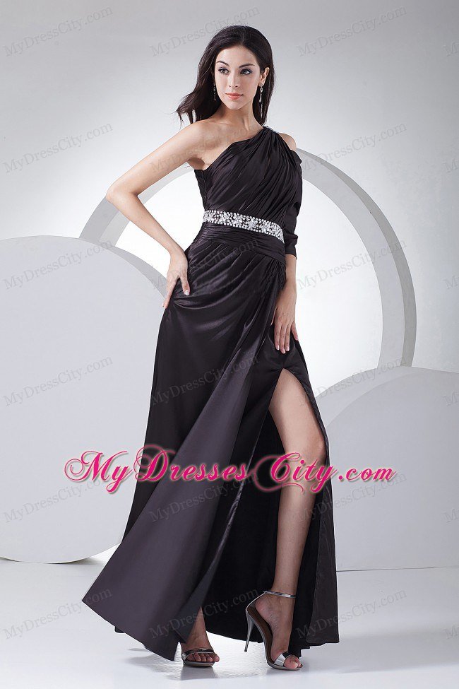 High Slit and One Shoulder for Beaded Celebrity Dress With Half Sleeve