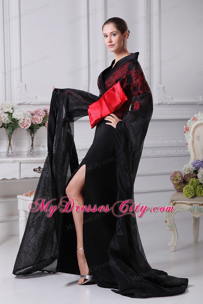 High Slit and V-neck Celebrity Dress Long Sleeves and Bowknot Decorate