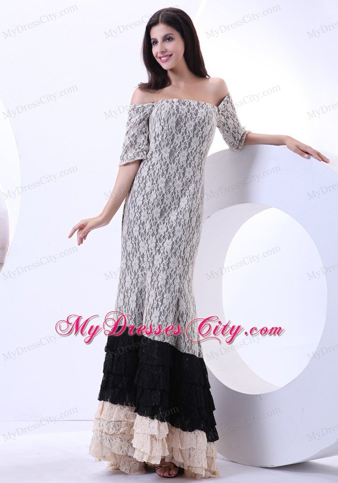 Colorful Off The Shoulder Lace Celebrity Dresses Floor-length Short Sleeves