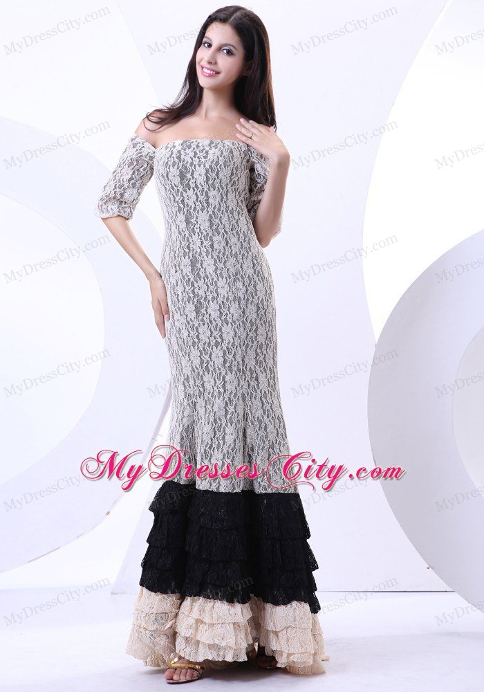 Colorful Off The Shoulder Lace Celebrity Dresses Floor-length Short Sleeves