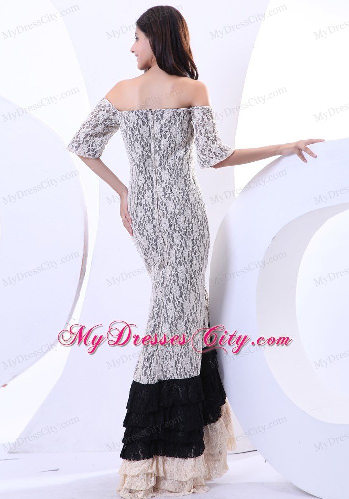 Colorful Off The Shoulder Lace Celebrity Dresses Floor-length Short Sleeves