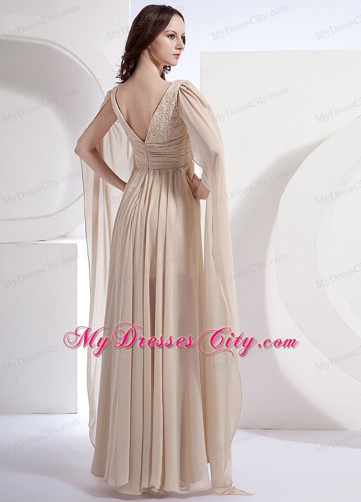 Champagne Empire V-neck Chiffon Celebrity Dresses with Watteau