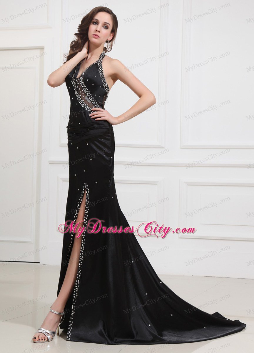 V-neck Beading Halter Brush Sweep Celebrity Dresses Tulle Black