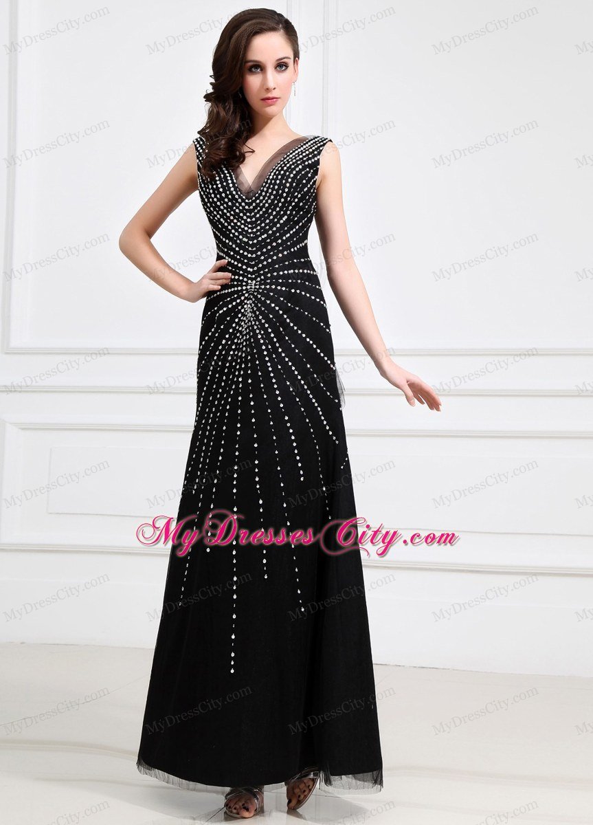 V-neck Beading Halter Brush Sweep Celebrity Dresses Tulle Black