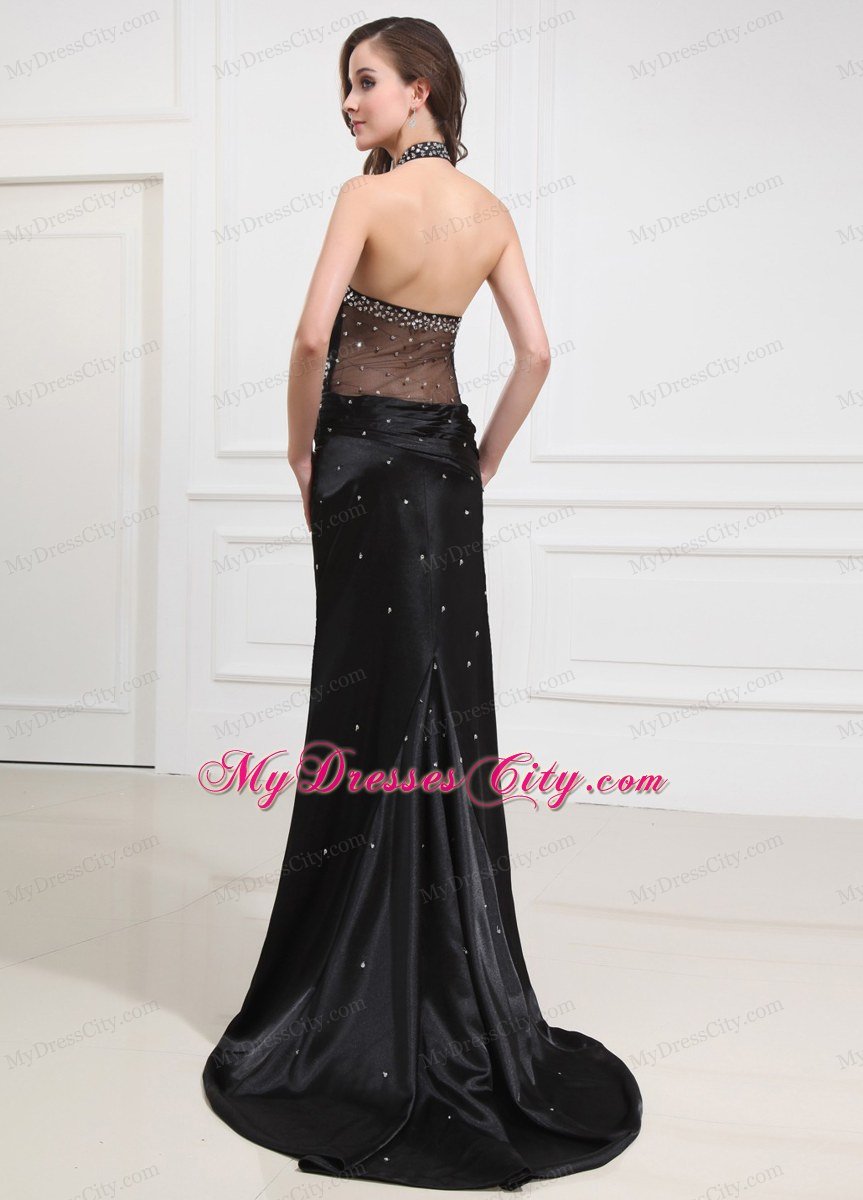 V-neck Beading Halter Brush Sweep Celebrity Dresses Tulle Black