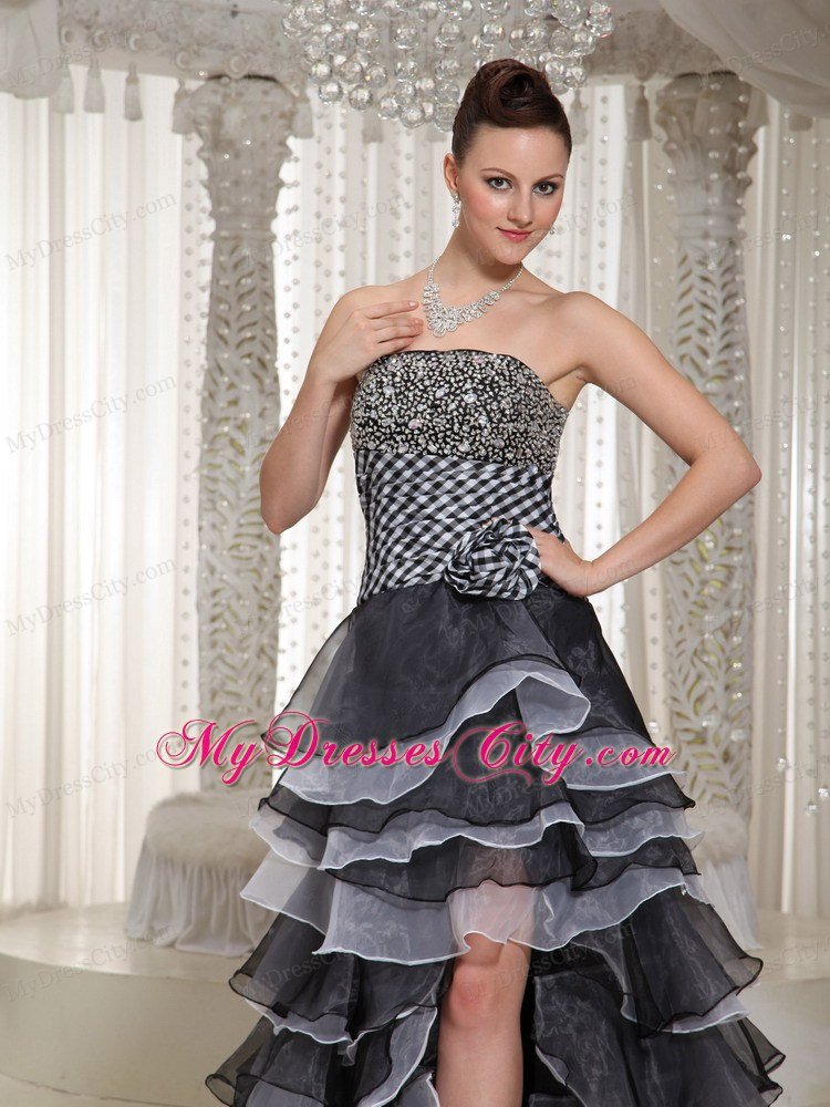 High-Low Strapless Hand Made Flowers Celebrity Dresses with Beading