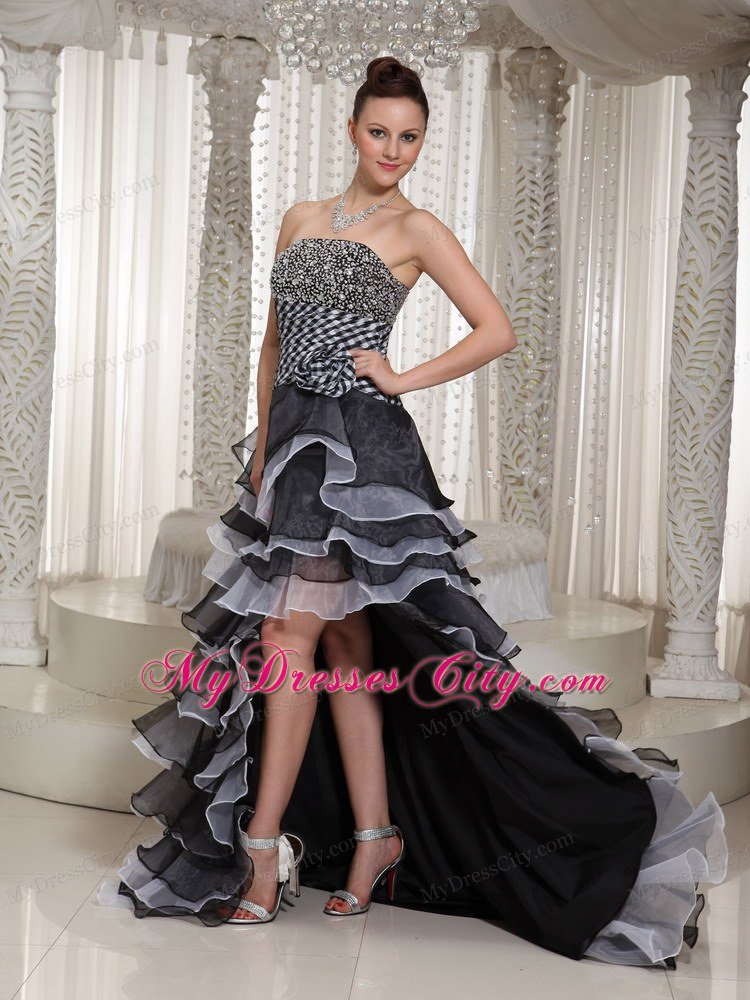 High-Low Strapless Hand Made Flowers Celebrity Dresses with Beading