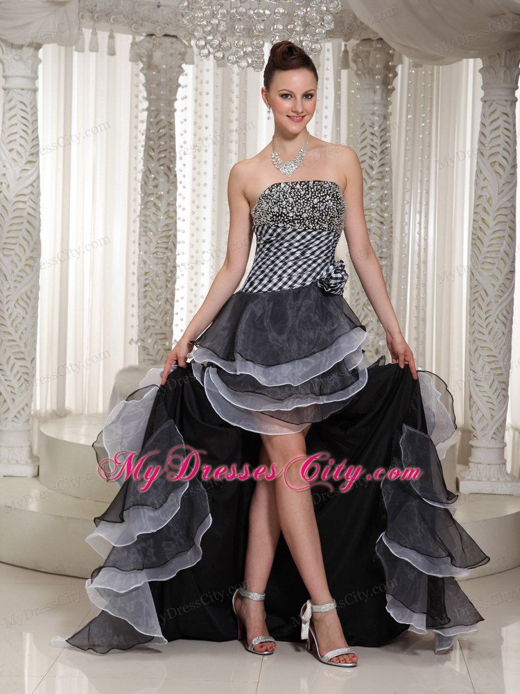 High-Low Strapless Hand Made Flowers Celebrity Dresses with Beading