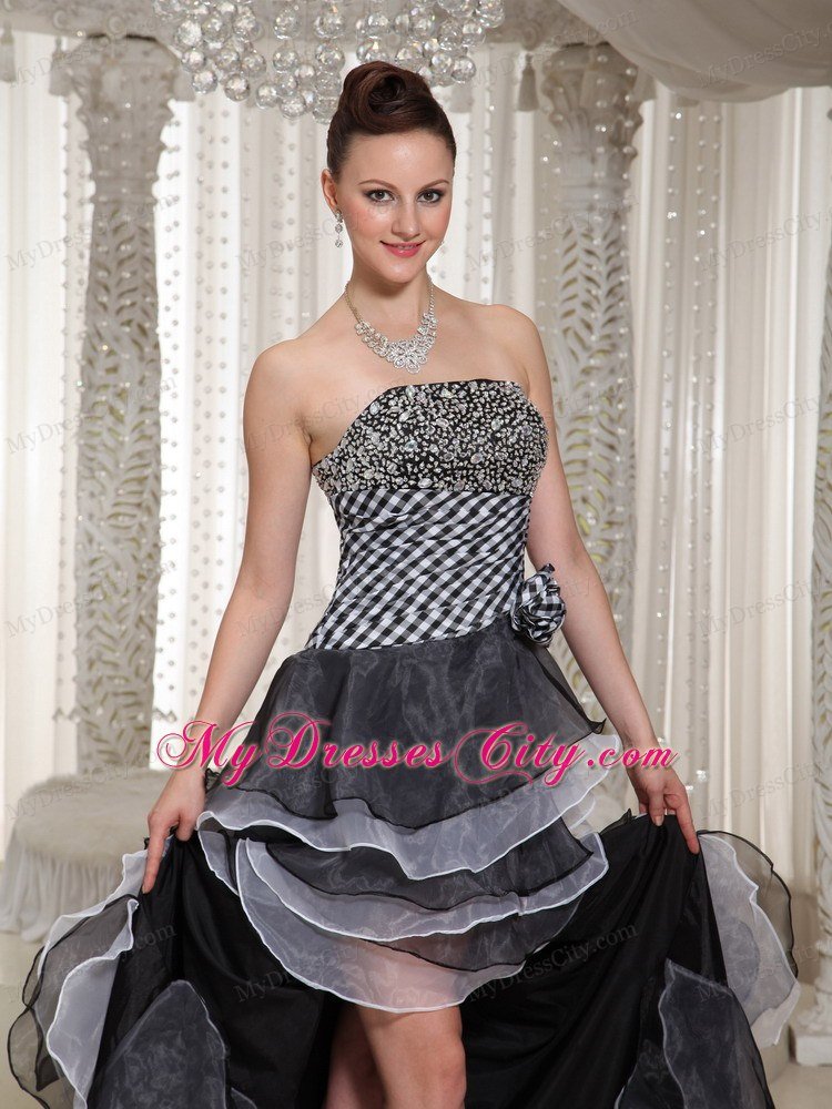 High-Low Strapless Hand Made Flowers Celebrity Dresses with Beading