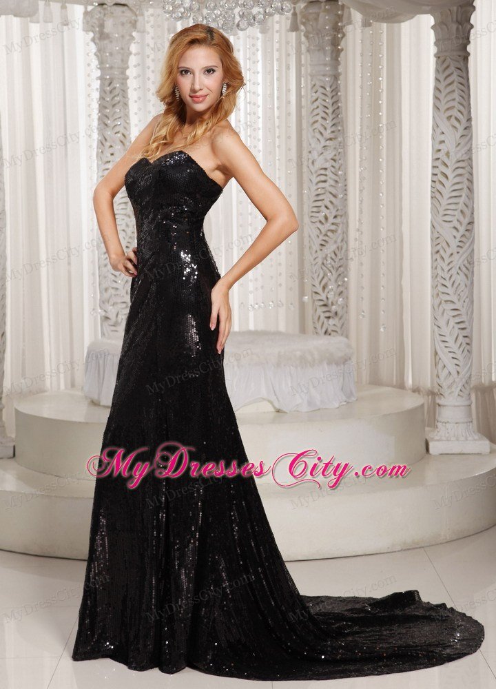 Paillette Over Skirt Sweetheart Court Train Celebrity Dresses Black