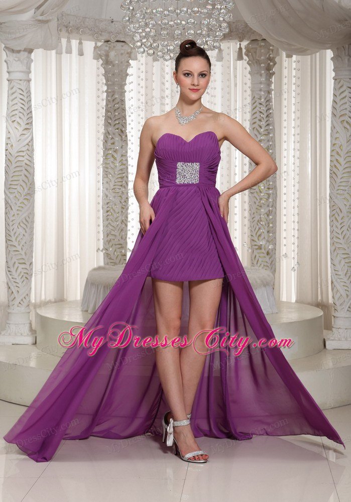 Bright Purple High-low Ruching Sweetheart Chiffon Celebrity Dress Beading