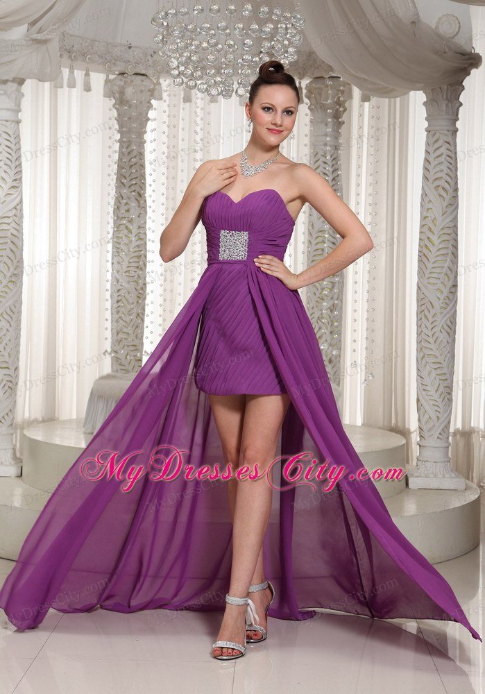 Bright Purple High-low Ruching Sweetheart Chiffon Celebrity Dress Beading