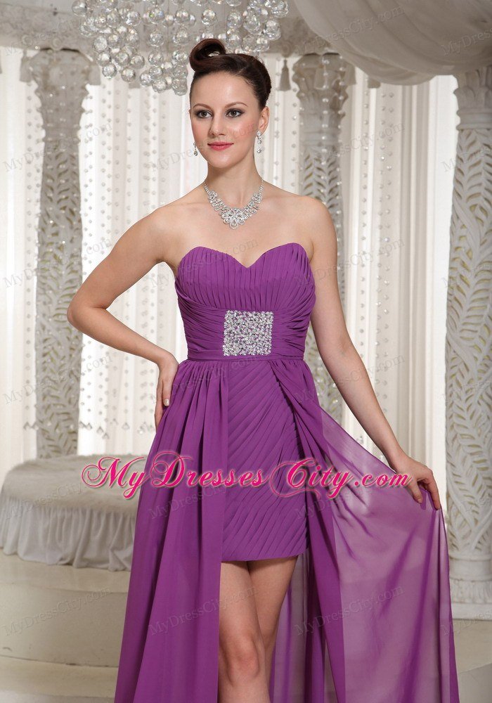 Bright Purple High-low Ruching Sweetheart Chiffon Celebrity Dress Beading