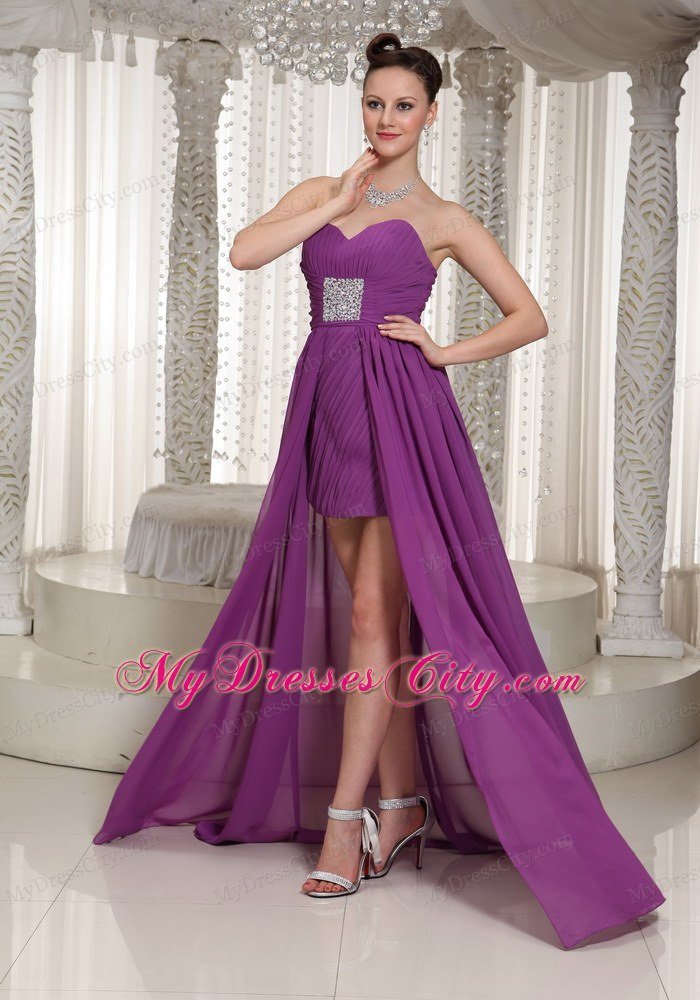 Bright Purple High-low Ruching Sweetheart Chiffon Celebrity Dress Beading