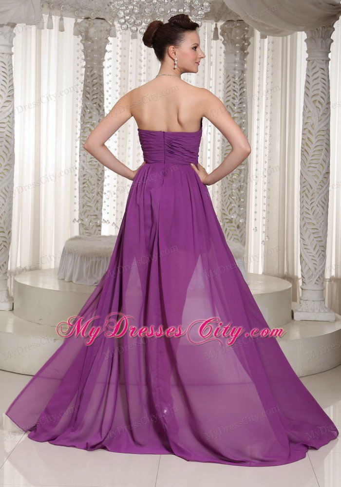 Bright Purple High-low Ruching Sweetheart Chiffon Celebrity Dress Beading