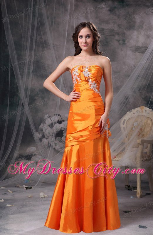 Appliques and Ruche Orange Column Sweetheart Celebrity Dress Taffeta