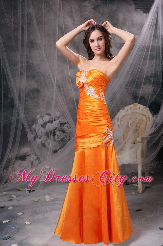 Appliques and Ruche Orange Column Sweetheart Celebrity Dress Taffeta