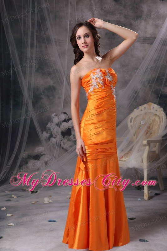 Appliques and Ruche Orange Column Sweetheart Celebrity Dress Taffeta