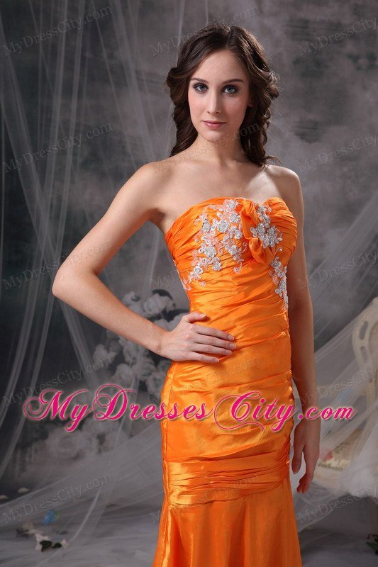 Appliques and Ruche Orange Column Sweetheart Celebrity Dress Taffeta