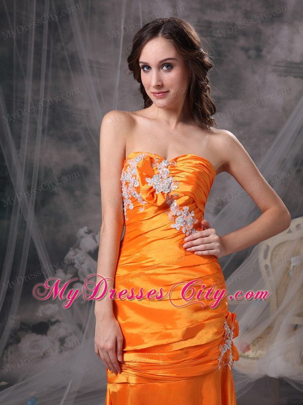 Appliques and Ruche Orange Column Sweetheart Celebrity Dress Taffeta