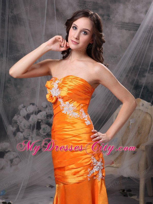 Appliques and Ruche Orange Column Sweetheart Celebrity Dress Taffeta