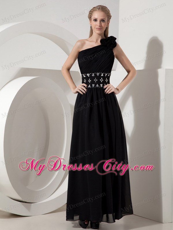 Column One Shoulder Black Celebrity Dress Chiffon Beading Ankle-length