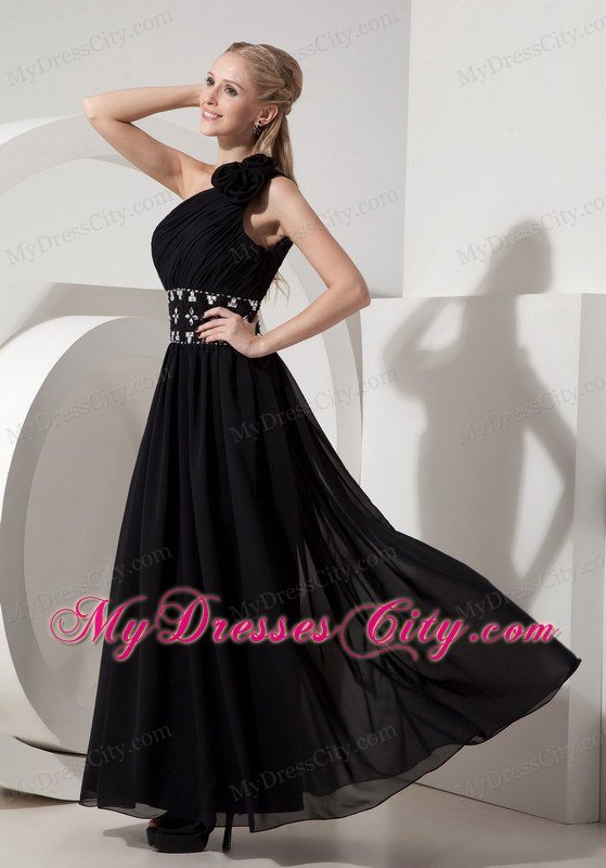 Column One Shoulder Black Celebrity Dress Chiffon Beading Ankle-length