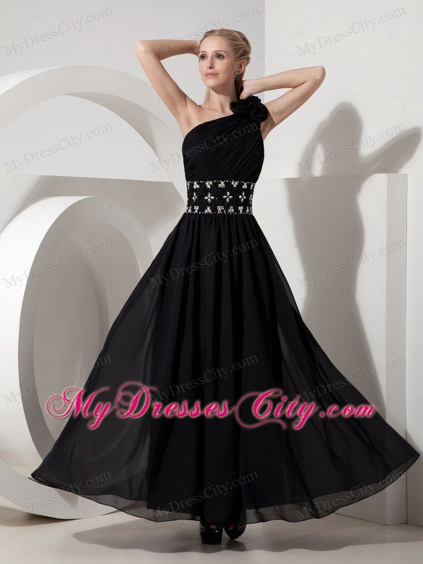 Column One Shoulder Black Celebrity Dress Chiffon Beading Ankle-length