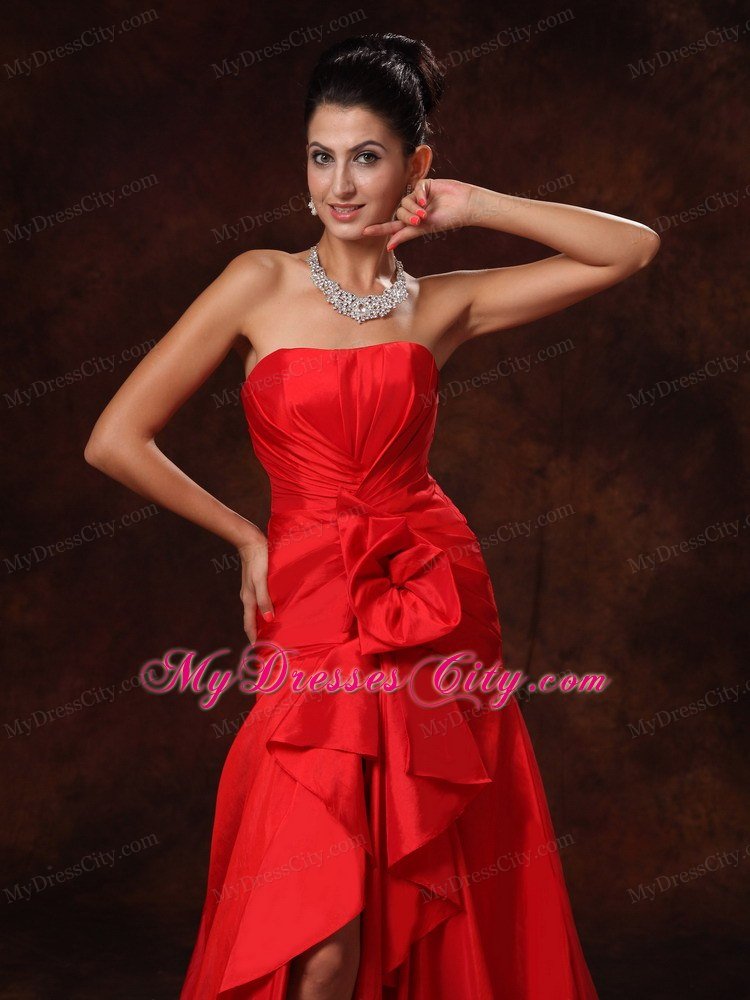 High Slit Column Strapless Celebrity Dress Brush Train Ruching Chiffon