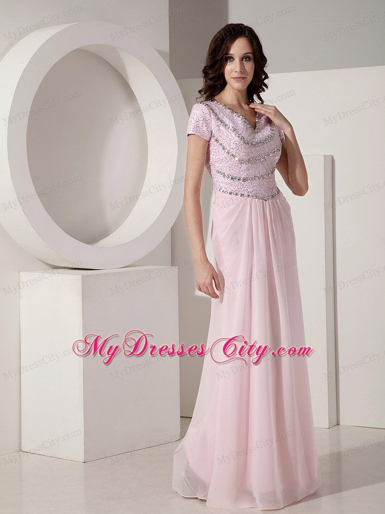 Empire V-neck Baby Pink Celebrity Dress Chiffon Beading Short Sleeves