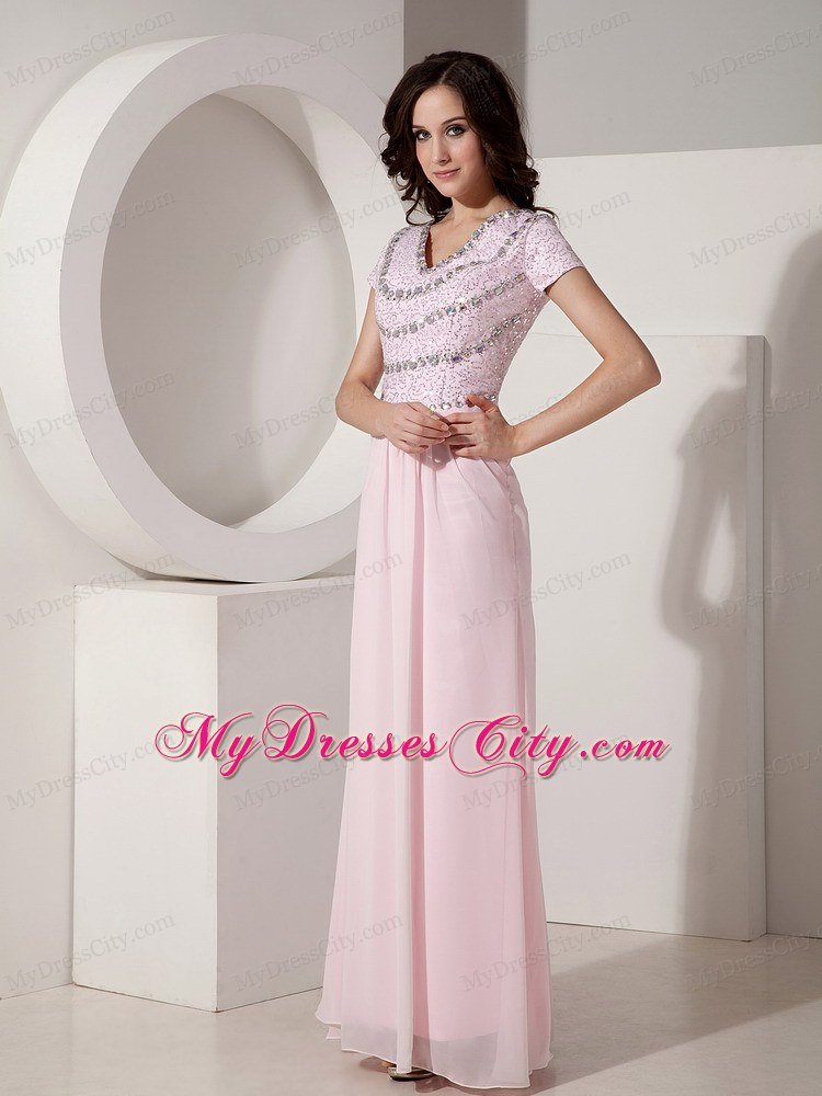 Empire V-neck Baby Pink Celebrity Dress Chiffon Beading Short Sleeves