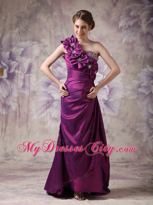 Hand Flowers Eggplant Purple Column One Shoulder Celebrity Dress Beading