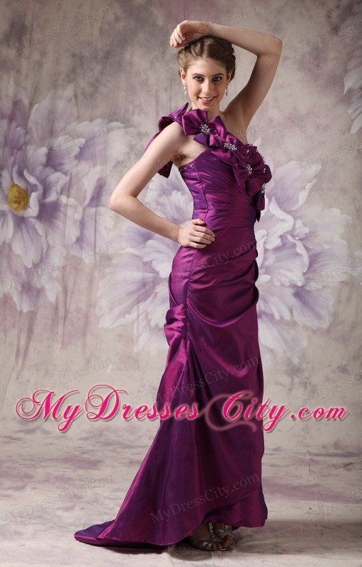 Hand Flowers Eggplant Purple Column One Shoulder Celebrity Dress Beading