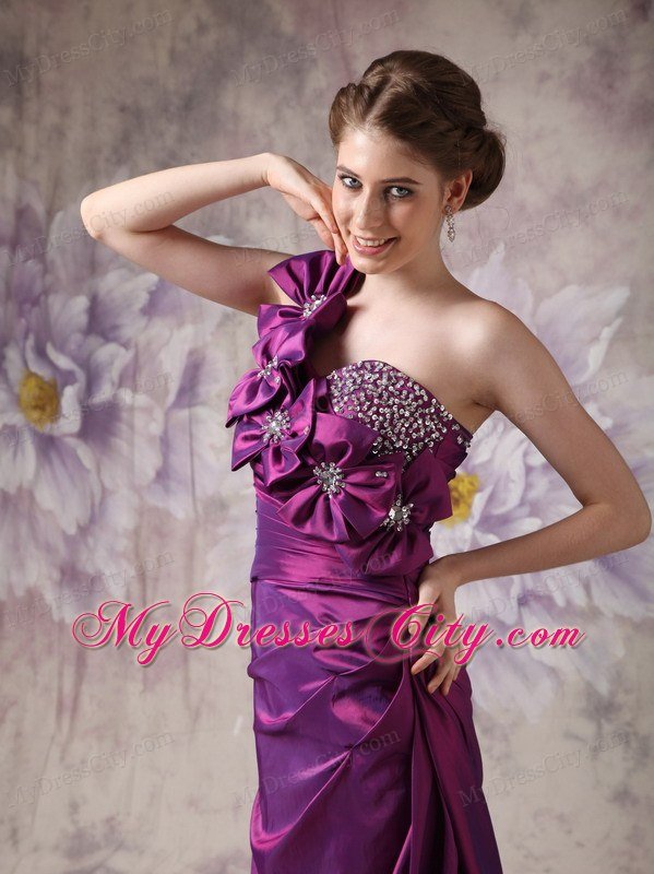 Hand Flowers Eggplant Purple Column One Shoulder Celebrity Dress Beading