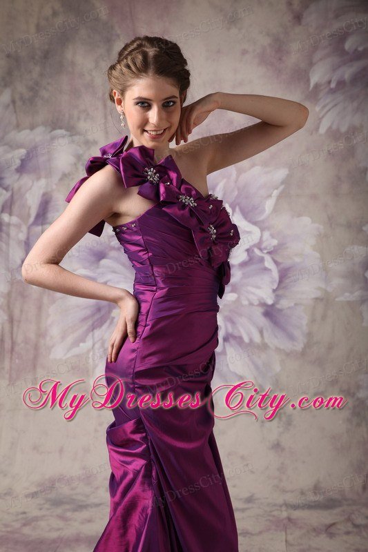 Hand Flowers Eggplant Purple Column One Shoulder Celebrity Dress Beading