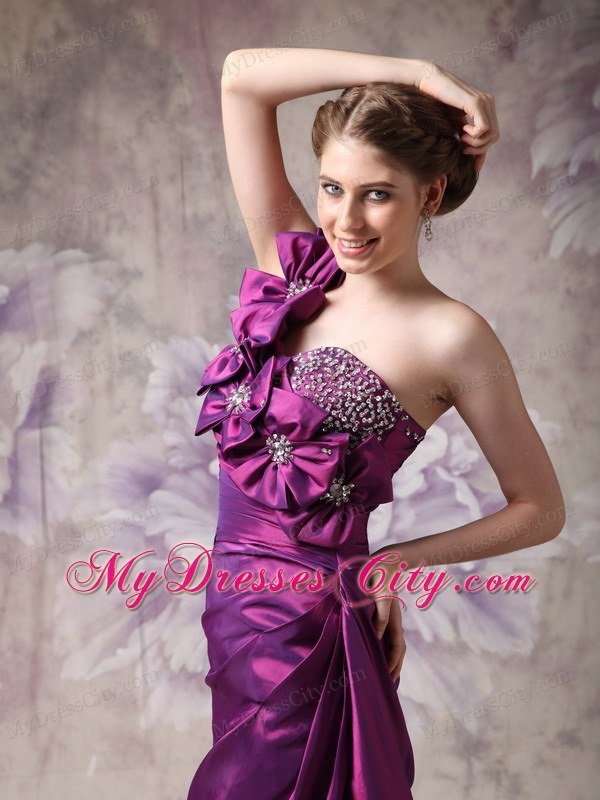 Hand Flowers Eggplant Purple Column One Shoulder Celebrity Dress Beading