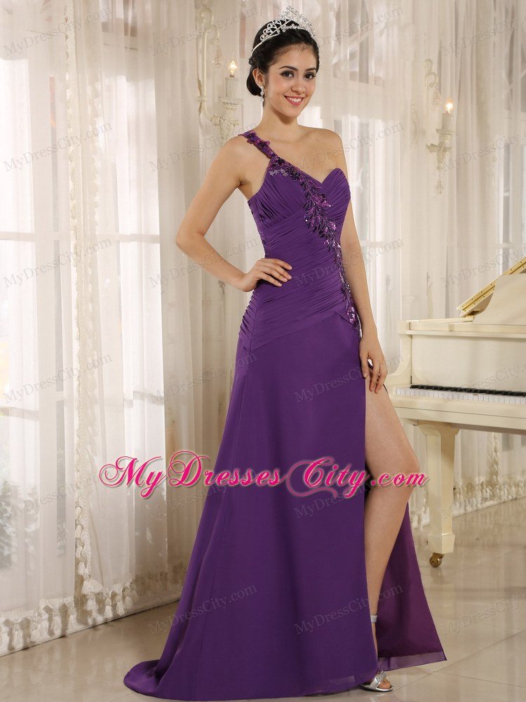 Sequins Sweetheart One Shoulder High Slit Purple Celebrity Dress High Slit