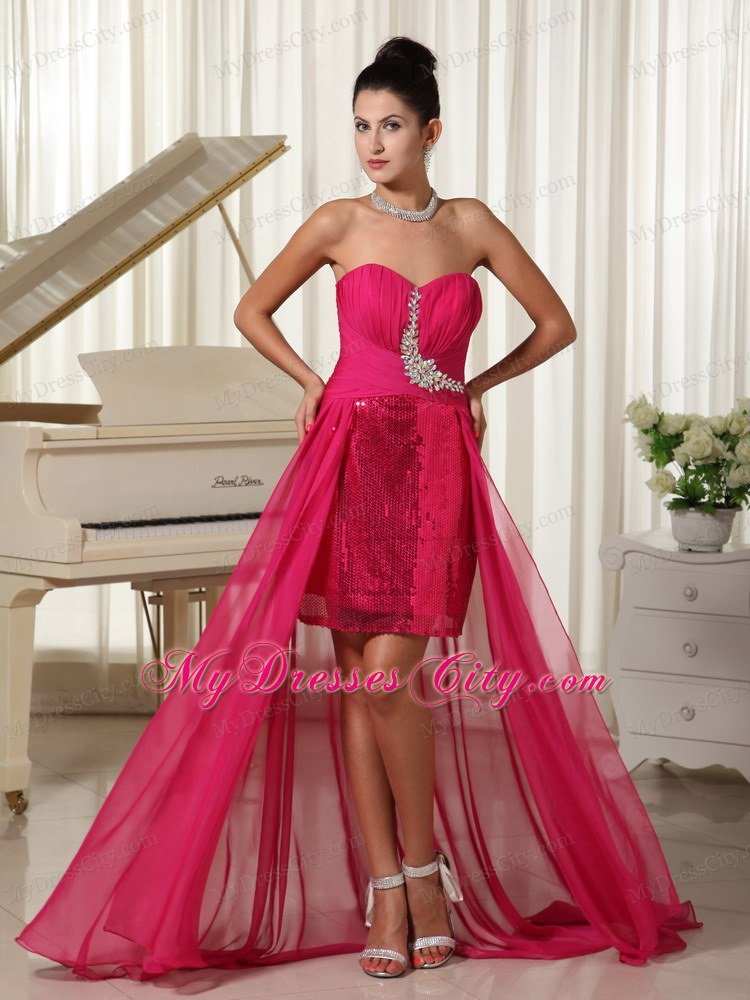 Ruching Sweetheart High-low Celebrity Dress Coral Red With Sequin