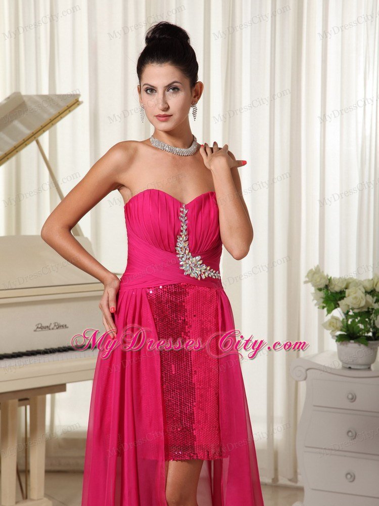 Ruching Sweetheart High-low Celebrity Dress Coral Red With Sequin