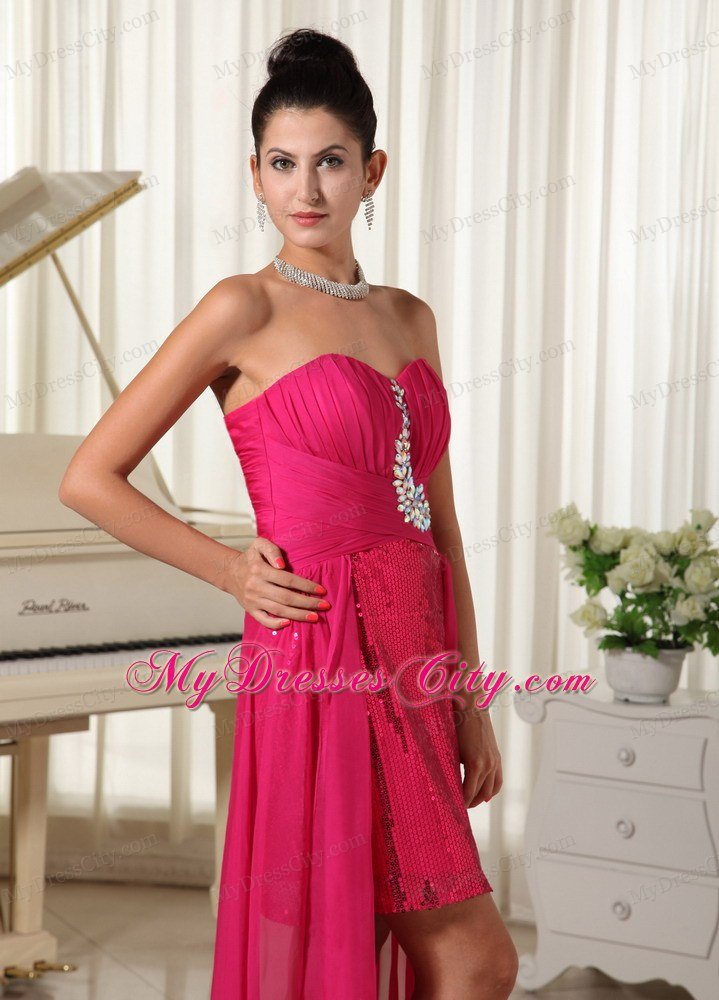 Ruching Sweetheart High-low Celebrity Dress Coral Red With Sequin