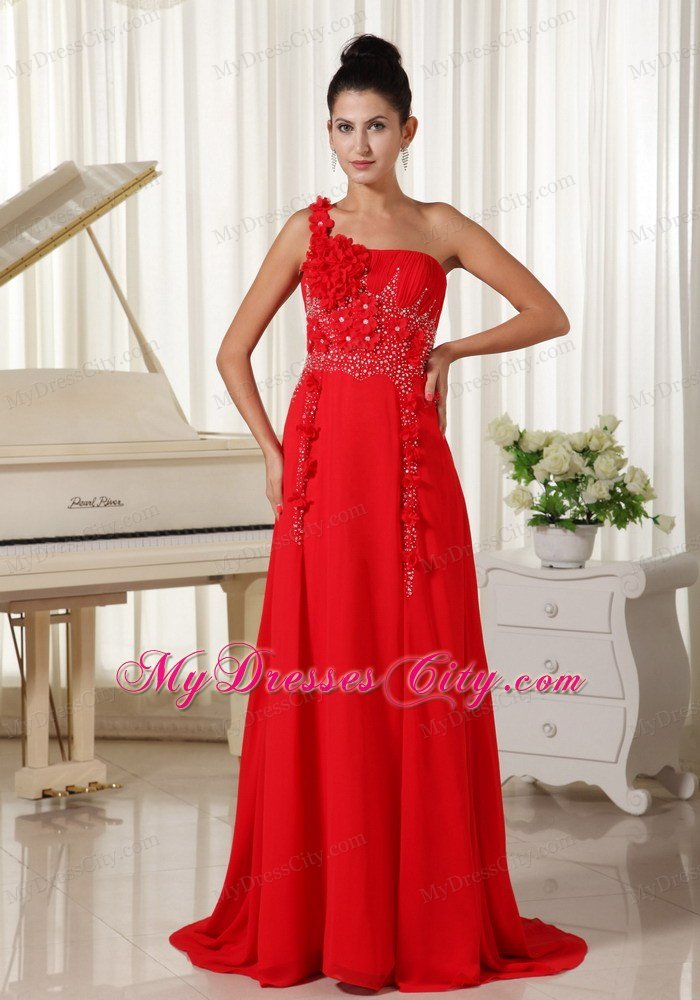 Red Celebrity Dresses One Shoulder With Hand Flowers Beaded and Ruche