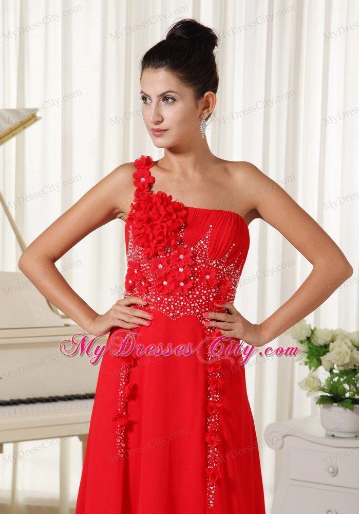 Red Celebrity Dresses One Shoulder With Hand Flowers Beaded and Ruche