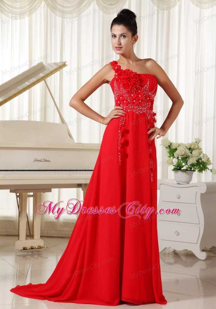 Red Celebrity Dresses One Shoulder With Hand Flowers Beaded and Ruche