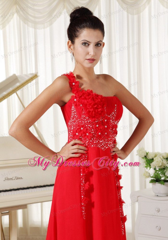 Red Celebrity Dresses One Shoulder With Hand Flowers Beaded and Ruche