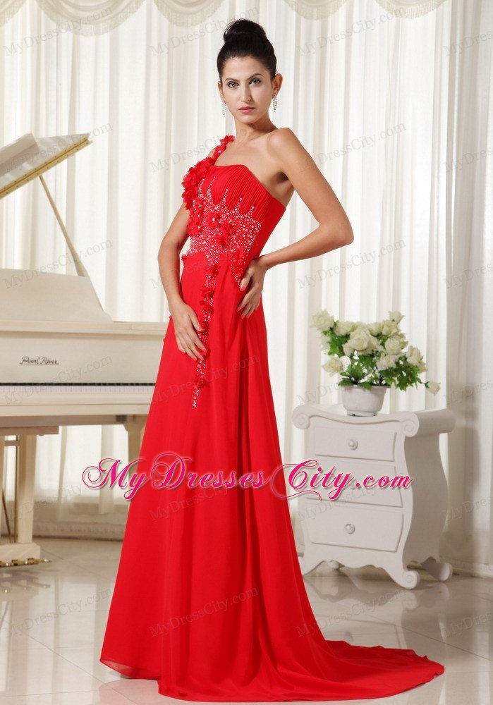 Red Celebrity Dresses One Shoulder With Hand Flowers Beaded and Ruche