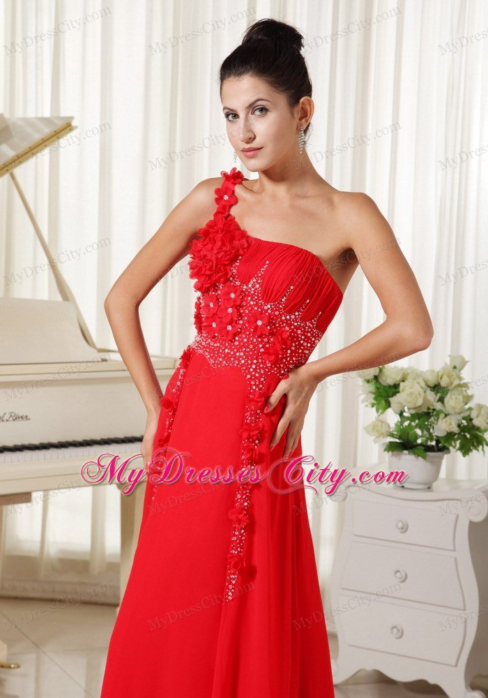 Red Celebrity Dresses One Shoulder With Hand Flowers Beaded and Ruche