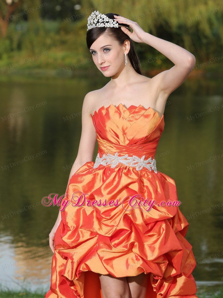 Latest High-Low Orange Red Beaded Waistband Celebrity Dresses