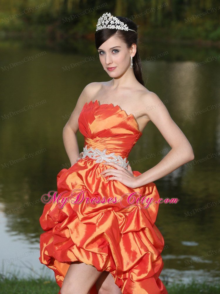 Latest High-Low Orange Red Beaded Waistband Celebrity Dresses