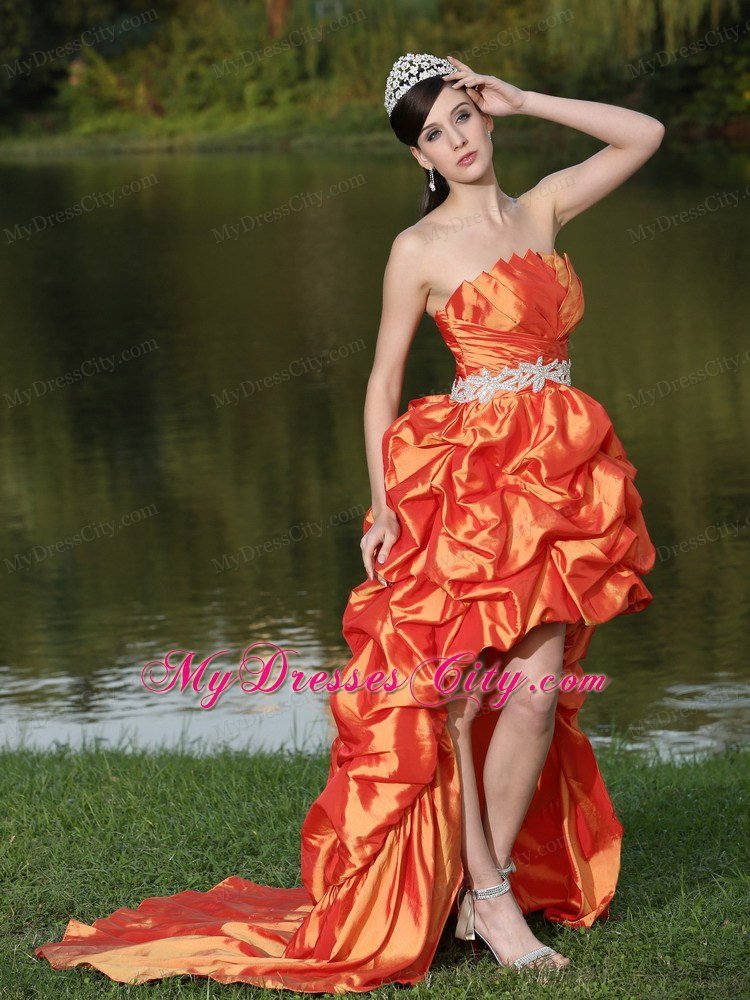 Latest High-Low Orange Red Beaded Waistband Celebrity Dresses